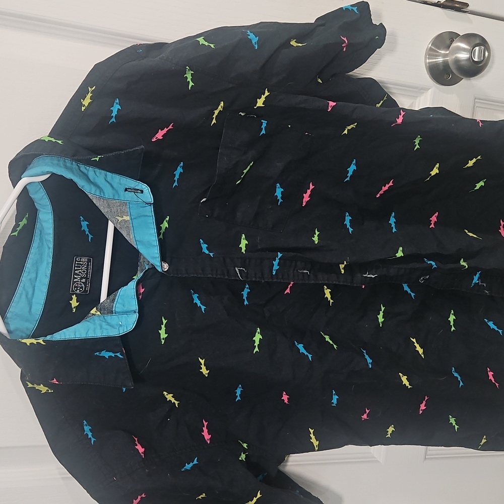 Dark Blue Shirt with Colorful Shark Print